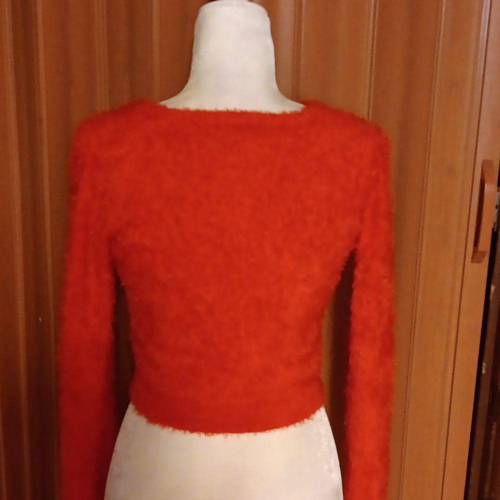 Verty Red Fuzzy Cropped Button Up Sweater - image 3